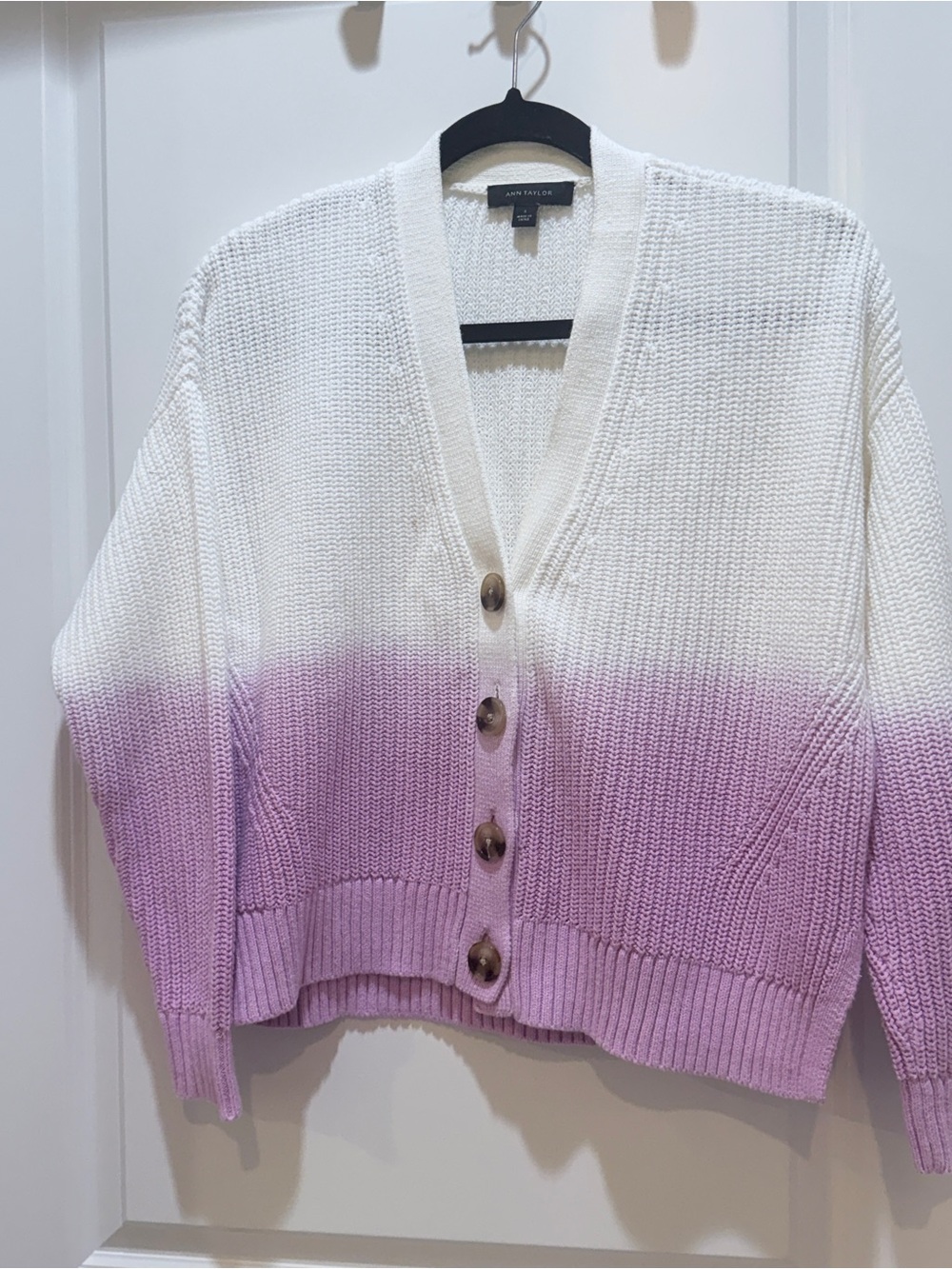 Ann Taylor White to Lavender Ombre Button-Front Cardigan